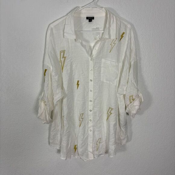 New Torrid White with Gold Glitter Lightening Bolt Print Button Down Shirt Size - Picture 1 of 6